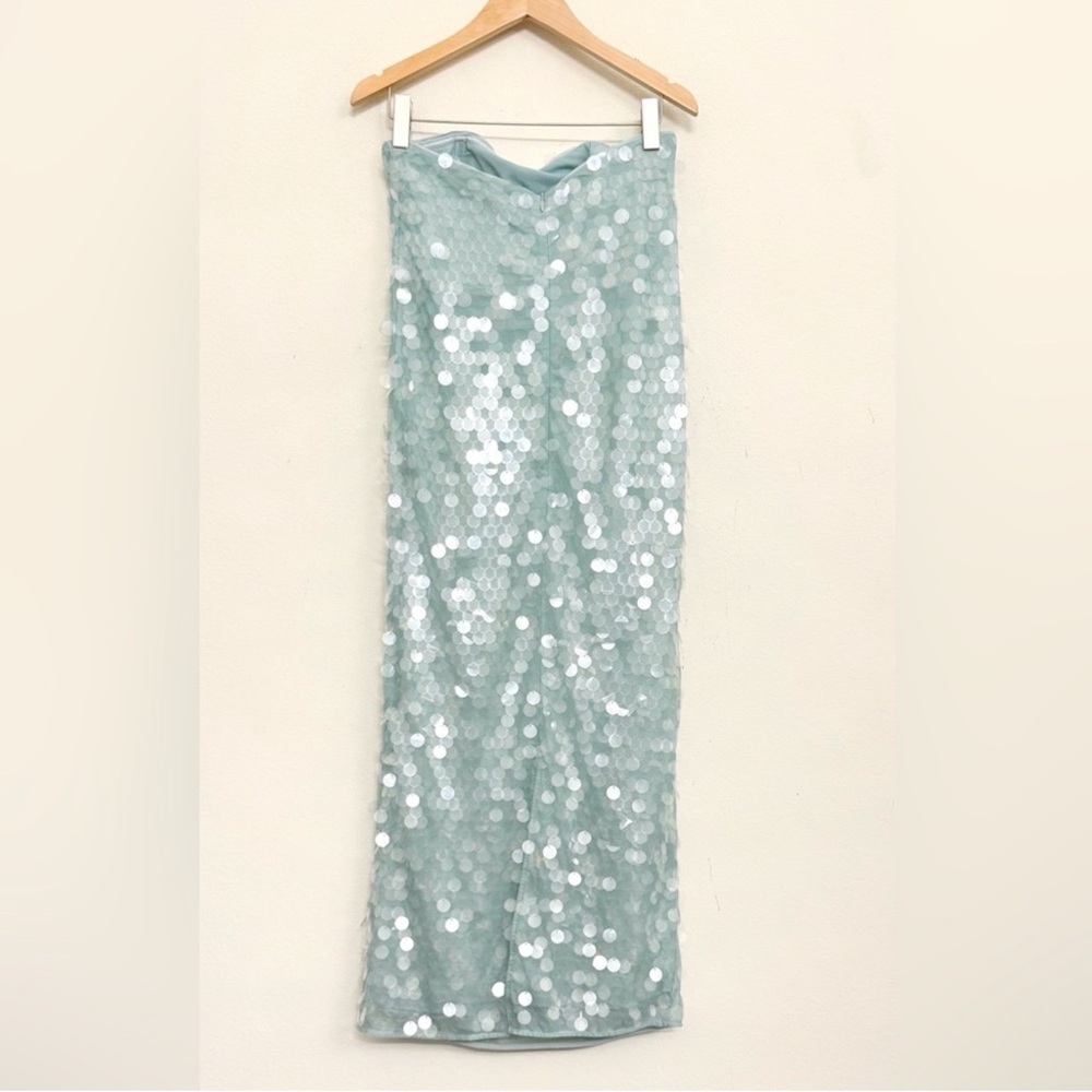 STAUD Casey Strapless Sequin Midi Dress in Mist Aqua Size 8 - Picture 8 of 17